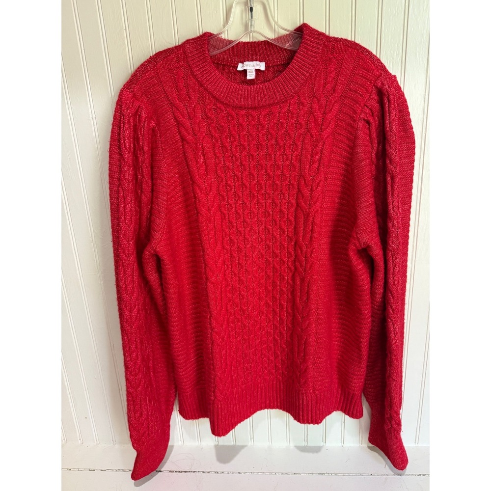 Crown & Ivy Women XXL Red Cable Knit Puff Sleeve Crew Neck Sweater Preppy Spring - Picture 6 of 8